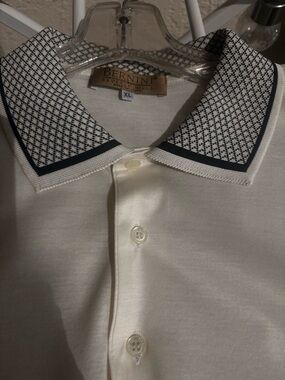 Cream Polo Shirt with Patterned Black-Trim Collar - XL Made in Italy . New